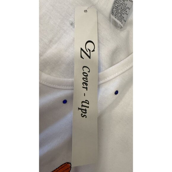 CZ Cover Ups Womens 5X White Button Cover-Up Fish Coral Embroidery Beach Pool - Picture 6 of 8